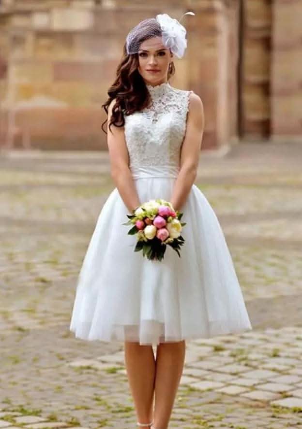 Beautiful High-Neck A-Line Tulle Wedding Dress with Lace Details and Knee-Length Skirt BM bride