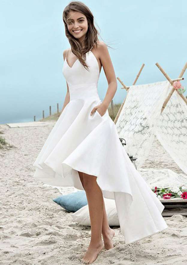 Sophisticated Sleeveless A-Line/Princess Satin Wedding Dress with V-Neck and Asymmetrical Hem BM bride