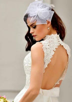 Beautiful High-Neck A-Line Tulle Wedding Dress with Lace Details and Knee-Length Skirt BM bride