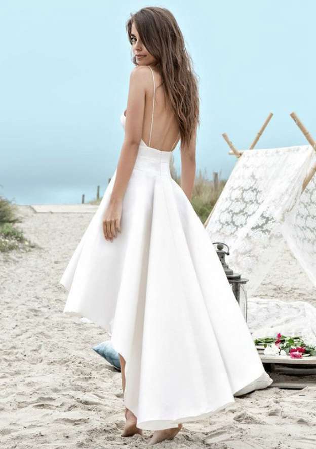 Sophisticated Sleeveless A-Line/Princess Satin Wedding Dress with V-Neck and Asymmetrical Hem BM bride