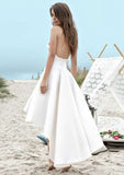 Sophisticated Sleeveless A-Line/Princess Satin Wedding Dress with V-Neck and Asymmetrical Hem BM bride