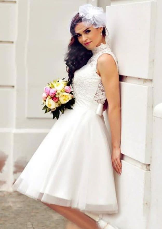 Beautiful High-Neck A-Line Tulle Wedding Dress with Lace Details and Knee-Length Skirt BM bride