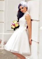Beautiful High-Neck A-Line Tulle Wedding Dress with Lace Details and Knee-Length Skirt BM bride
