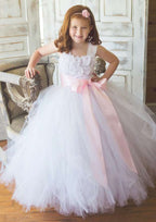 Stylish Sleeveless Square Neckline Tulle A-line Flower Girl Dress with Appliqued (Floor-Length) BM bride