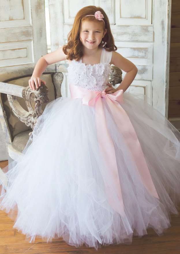 Stylish Sleeveless Square Neckline Tulle A-line Flower Girl Dress with Appliqued (Floor-Length) BM bride