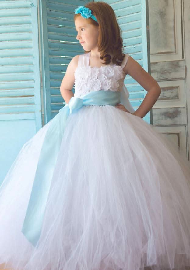 Stylish Sleeveless Square Neckline Tulle A-line Flower Girl Dress with Appliqued (Floor-Length) BM bride