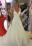Appliqued Lace A-Line/Princess with V-Neckline, Sleeveless Design, and Long Floor-Length Tulle BM bride