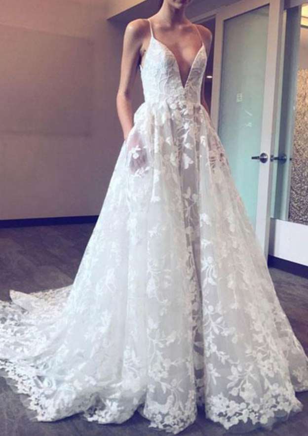 Sleeveless Chapel Train Lace Wedding Dress with Applique, A-Line/Princess V-Neck BM bride