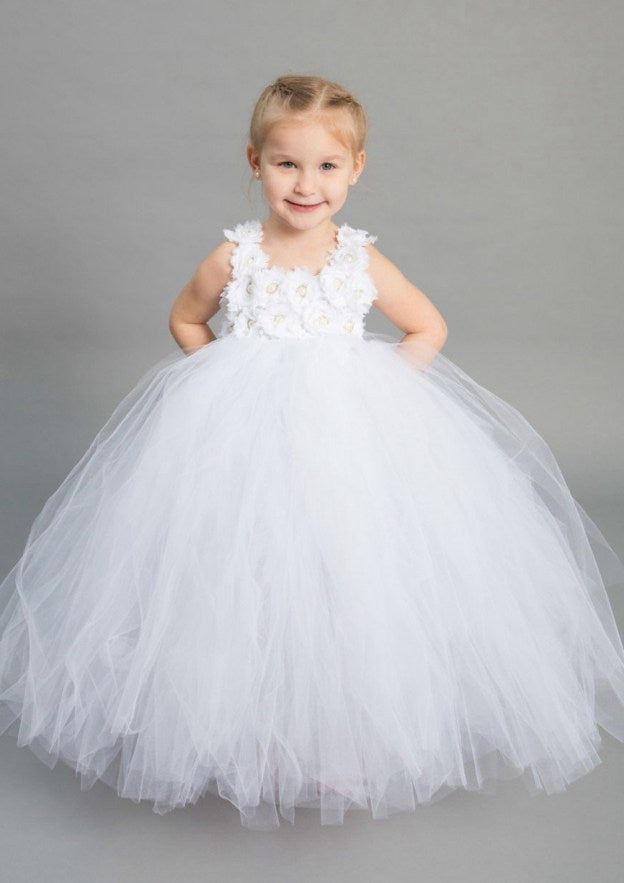 Elegant Sleeveless Square Neckline Tulle A-line Flower Girl Dress with Appliqued (Floor-Length) BM bride