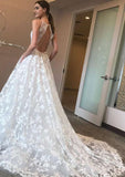 Sleeveless Chapel Train Lace Wedding Dress with Applique, A-Line/Princess V-Neck BM bride