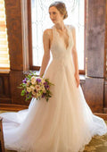 Elegant A-Line/Princess Halter Sleeveless Court Train Tulle Wedding Dress with Lace Accents BM bride