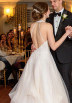 Elegant A-Line/Princess Halter Sleeveless Court Train Tulle Wedding Dress with Lace Accents BM bride