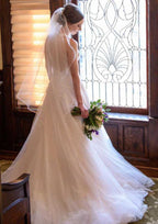 Elegant A-Line/Princess Halter Sleeveless Court Train Tulle Wedding Dress with Lace Accents BM bride