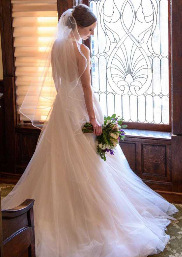 Elegant A-Line/Princess Halter Sleeveless Court Train Tulle Wedding Dress with Lace Accents BM bride
