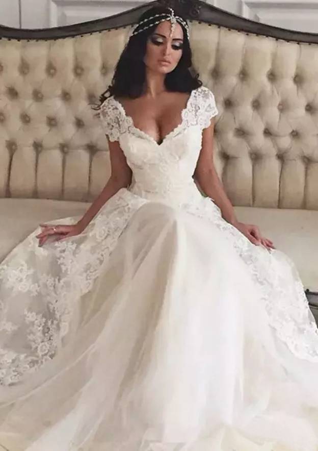 Appliqued Lace A-Line/Princess with Scalloped Neckline, Short Sleeves, and Court Train in Tulle BM bride