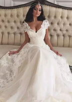 Appliqued Lace A-Line/Princess with Scalloped Neckline, Short Sleeves, and Court Train in Tulle BM bride
