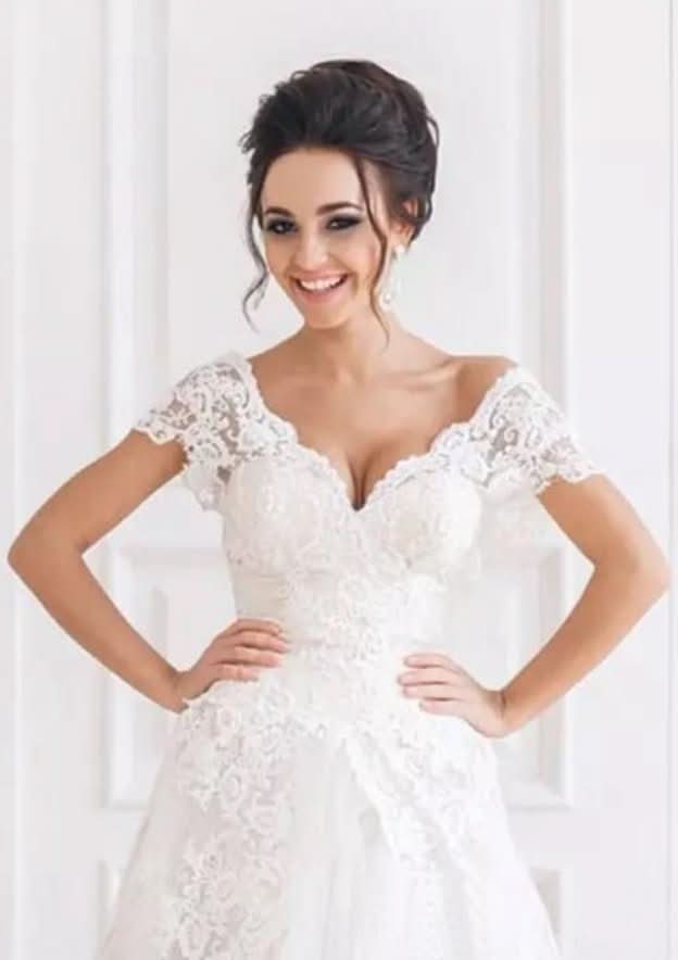 Appliqued Lace A-Line/Princess with Scalloped Neckline, Short Sleeves, and Court Train in Tulle BM bride