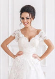 Appliqued Lace A-Line/Princess with Scalloped Neckline, Short Sleeves, and Court Train in Tulle BM bride