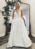 Pockets A-Line/Princess V-Neck Sleeveless Wedding Dress with Sweep Train in Satin BM bride