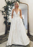 Pockets A-Line/Princess V-Neck Sleeveless Wedding Dress with Sweep Train in Satin BM bride