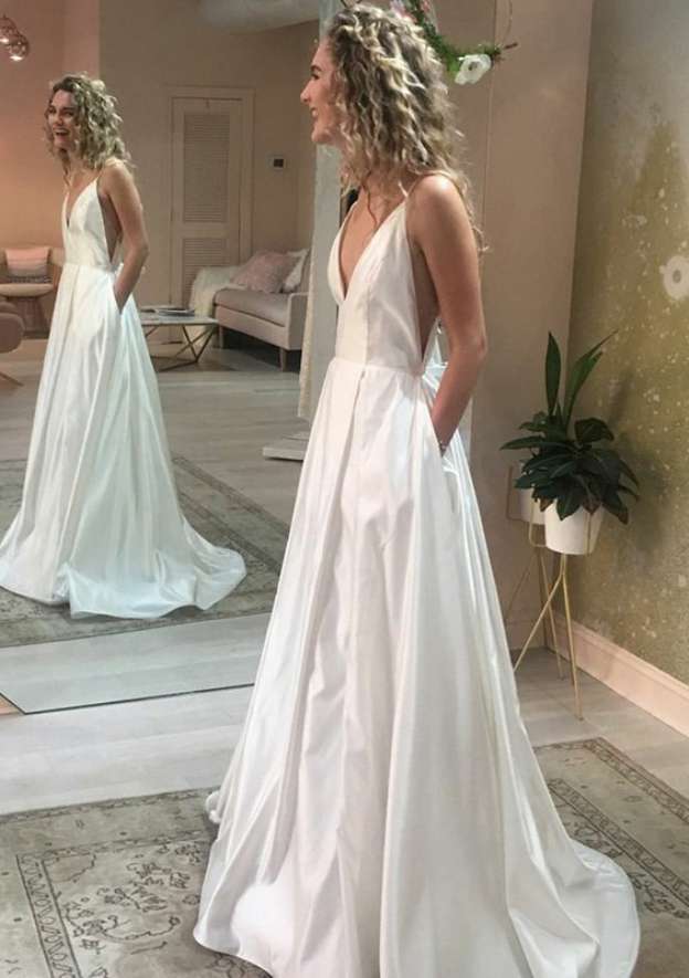 Pockets A-Line/Princess V-Neck Sleeveless Wedding Dress with Sweep Train in Satin BM bride