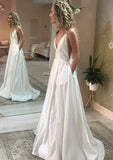 Pockets A-Line/Princess V-Neck Sleeveless Wedding Dress with Sweep Train in Satin BM bride