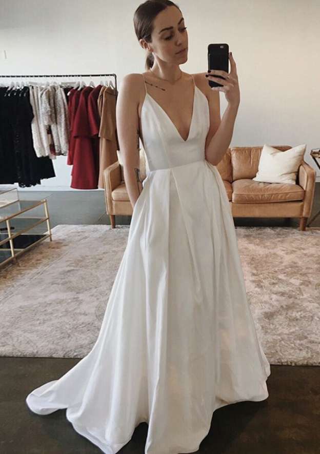 Pockets A-Line/Princess V-Neck Sleeveless Wedding Dress with Sweep Train in Satin BM bride