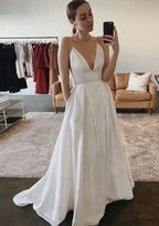 Pockets A-Line/Princess V-Neck Sleeveless Wedding Dress with Sweep Train in Satin BM bride