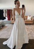 Pockets A-Line/Princess V-Neck Sleeveless Wedding Dress with Sweep Train in Satin BM bride