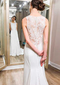 Lace Appliqued Elastic Satin Sheath/Column with Bateau Neckline and Sleeveless Design, Featuring Sweep Train BM bride