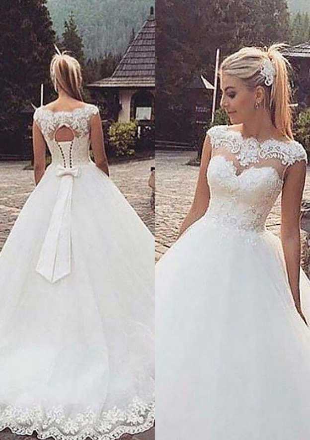 Elegant Ball Gown: Scalloped Neck Sleeveless with Sweep Train in Tulle and Applique Lace BM bride