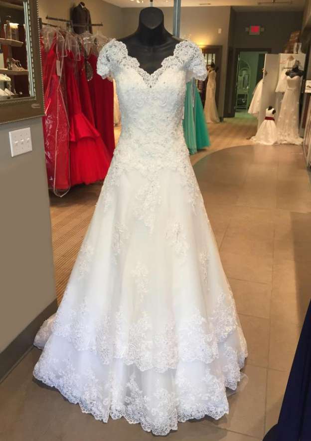 Appliqued Lace A-Line/Princess with Scalloped Neckline, Short Sleeves, and Long Floor-Length Skirt BM bride
