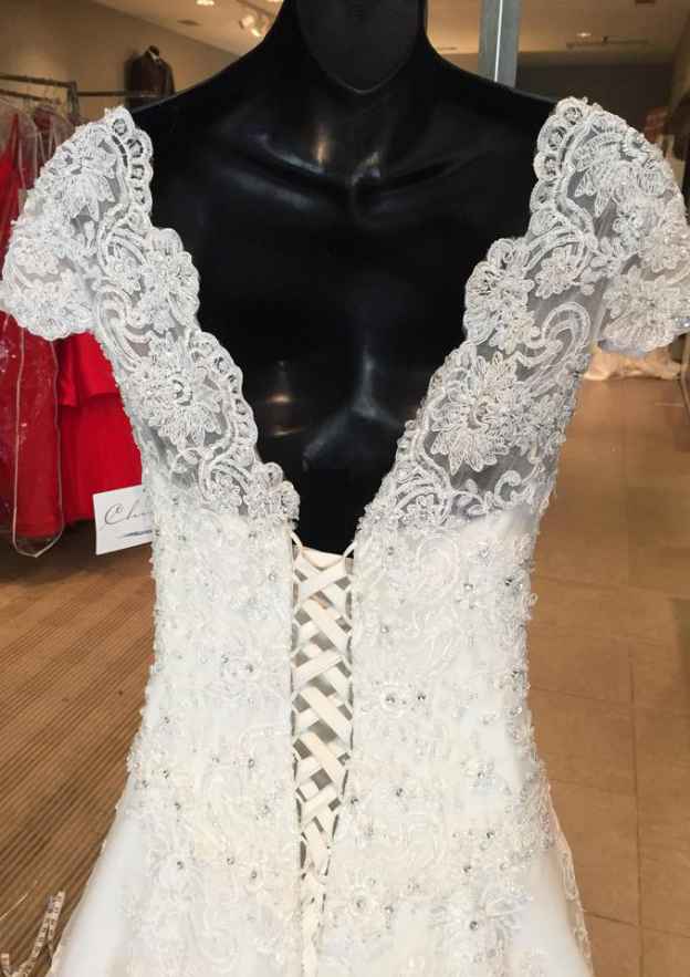 Appliqued Lace A-Line/Princess with Scalloped Neckline, Short Sleeves, and Long Floor-Length Skirt BM bride