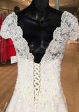Appliqued Lace A-Line/Princess with Scalloped Neckline, Short Sleeves, and Long Floor-Length Skirt BM bride