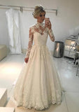 Full Long Sleeve Long Floor-Length Lace Wedding Dress with Applique, A-Line/Princess High-Neck BM bride