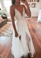 Appliqued Split A-Line/Princess V-Neck Sleeveless Wedding Dress with Sweep Train in Tulle BM bride
