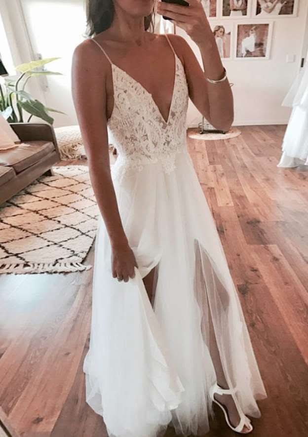 Appliqued Split A-Line/Princess V-Neck Sleeveless Wedding Dress with Sweep Train in Tulle BM bride