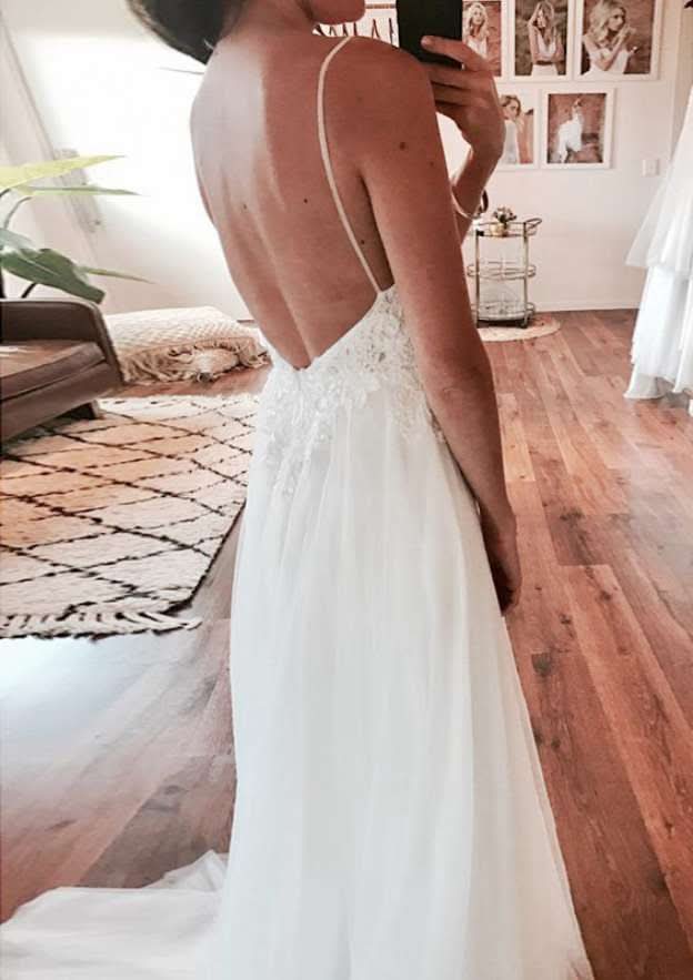 Appliqued Split A-Line/Princess V-Neck Sleeveless Wedding Dress with Sweep Train in Tulle BM bride