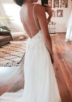 Appliqued Split A-Line/Princess V-Neck Sleeveless Wedding Dress with Sweep Train in Tulle BM bride