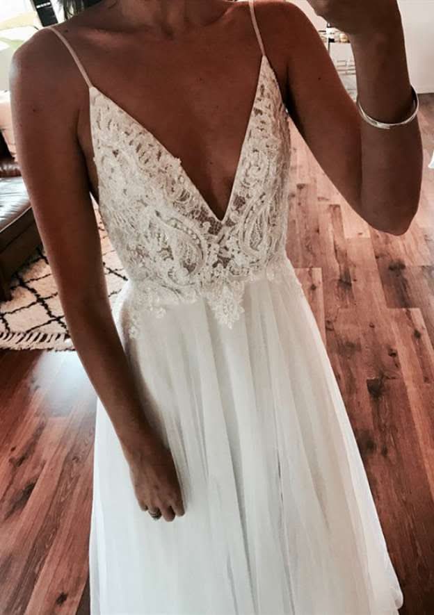 Appliqued Split A-Line/Princess V-Neck Sleeveless Wedding Dress with Sweep Train in Tulle BM bride