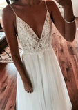 Appliqued Split A-Line/Princess V-Neck Sleeveless Wedding Dress with Sweep Train in Tulle BM bride