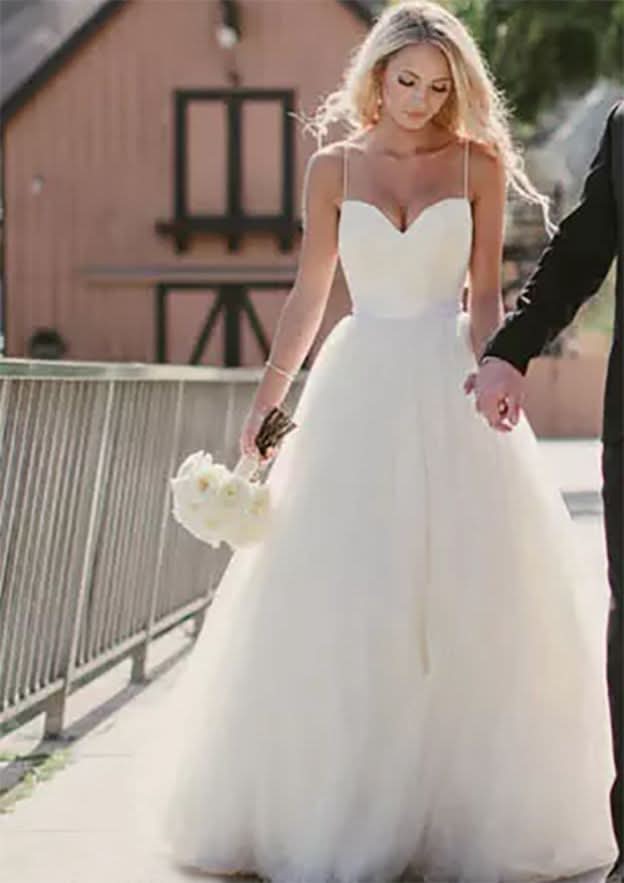 Romantic A-Line/Princess Sweetheart Sleeveless Tulle Wedding Dress with Elegant Sweep Train and Sashes BM bride