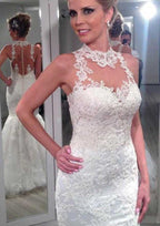Appliqued Trumpet/Mermaid High-Neck Sleeveless Wedding Dress with Long Floor-Length Lace BM bride