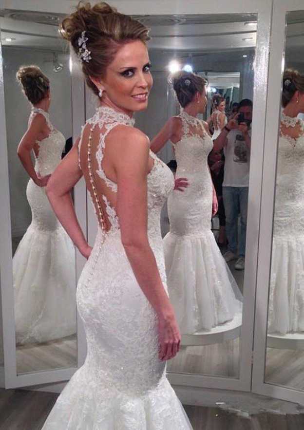 Appliqued Trumpet/Mermaid High-Neck Sleeveless Wedding Dress with Long Floor-Length Lace BM bride