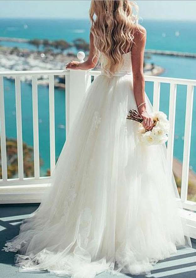 Romantic A-Line/Princess Sweetheart Sleeveless Tulle Wedding Dress with Elegant Sweep Train and Sashes BM bride