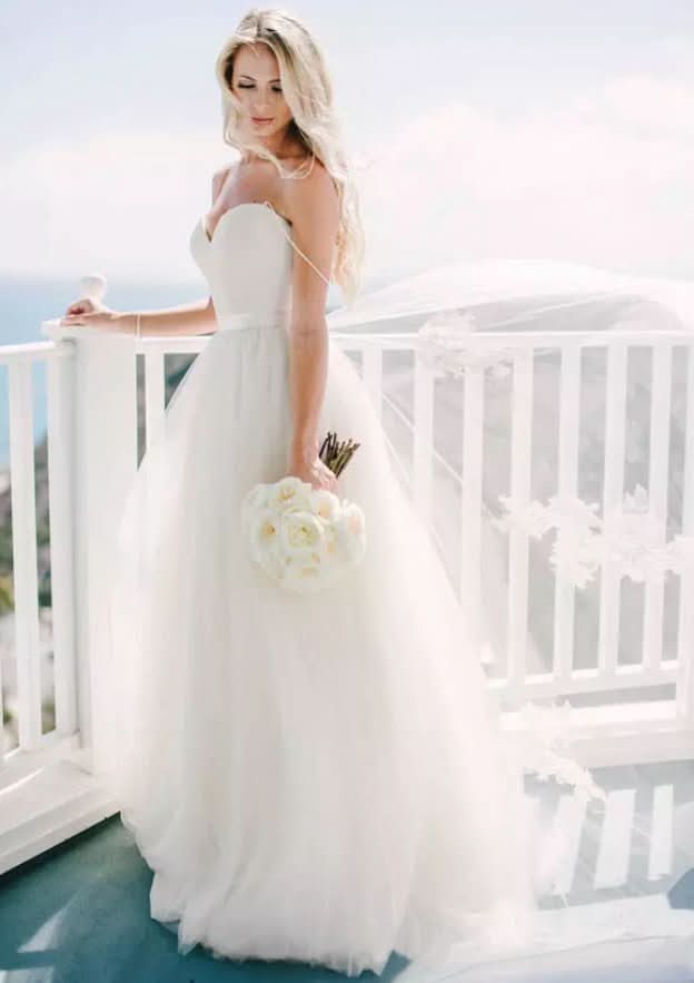 Romantic A-Line/Princess Sweetheart Sleeveless Tulle Wedding Dress with Elegant Sweep Train and Sashes BM bride