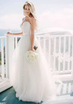 Romantic A-Line/Princess Sweetheart Sleeveless Tulle Wedding Dress with Elegant Sweep Train and Sashes BM bride