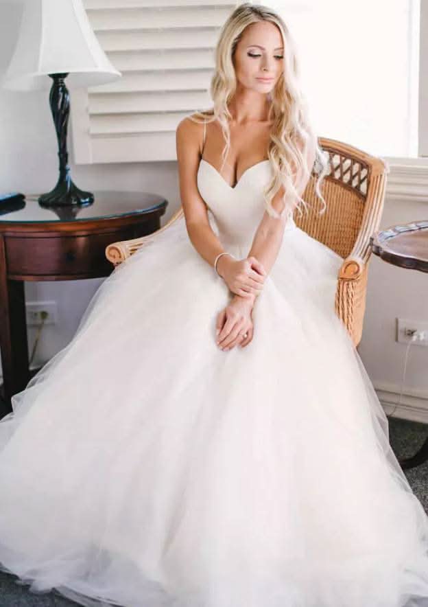 Romantic A-Line/Princess Sweetheart Sleeveless Tulle Wedding Dress with Elegant Sweep Train and Sashes BM bride