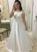 Lace Waistband Sweep Train Sleeveless A-Line Wedding Dress in Satin BM bride