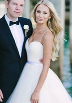 Romantic A-Line/Princess Sweetheart Sleeveless Tulle Wedding Dress with Elegant Sweep Train and Sashes BM bride